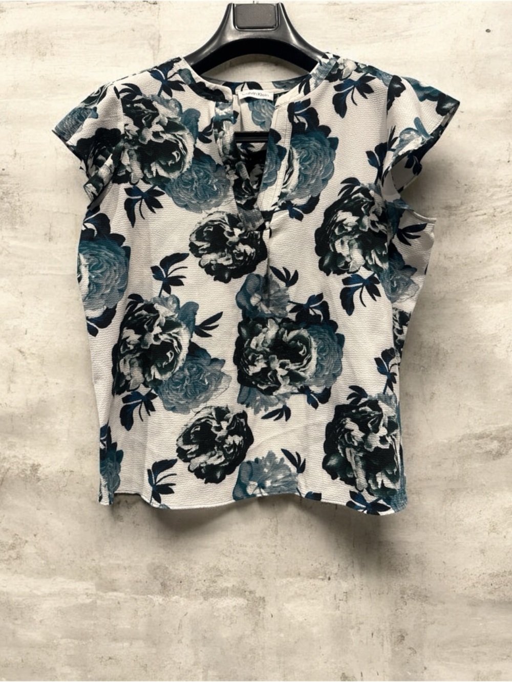 Calvin Klein White Blouse with Teal and Black Floral Print